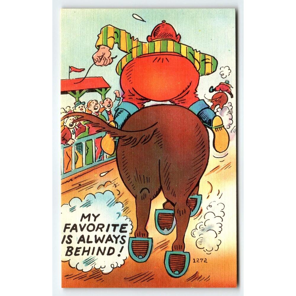 My Favorite is Always Behind! Vintage Linen Postcard 1940's Horse Jockey Racing